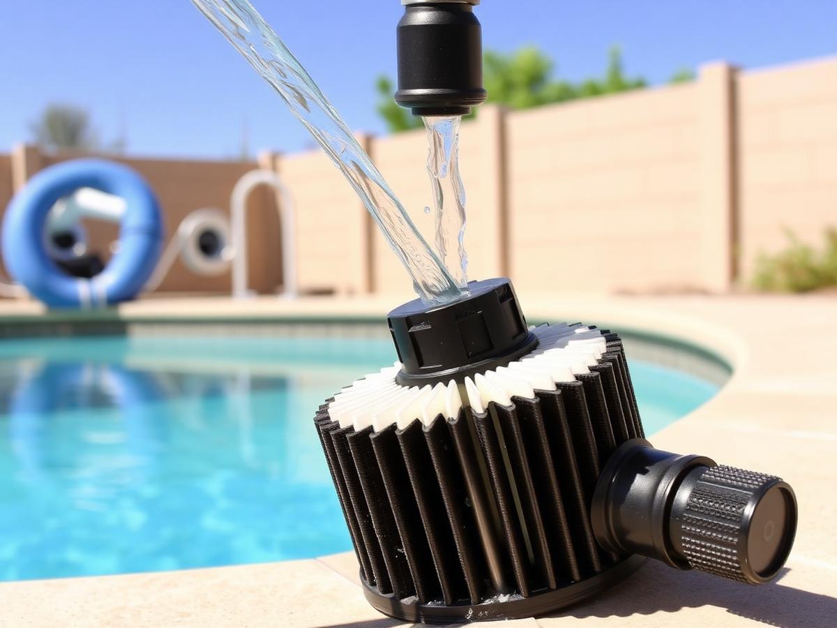 Pool filter cartridge being cleaned